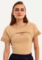 Bayan Bej Cut-Out Detaylı Triko Top