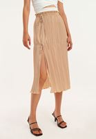 Bayan Bej Yırtmaçlı ve Pileli Midi Etek