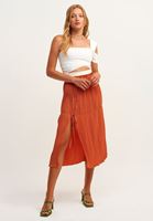 Bayan Turuncu Yırtmaçlı ve Pileli Midi Etek