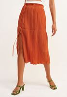 Bayan Turuncu Yırtmaçlı ve Pileli Midi Etek