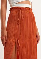 Bayan Turuncu Yırtmaçlı ve Pileli Midi Etek