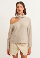 Bayan Bej Cut-Out Detaylı Dik Yaka Kazak