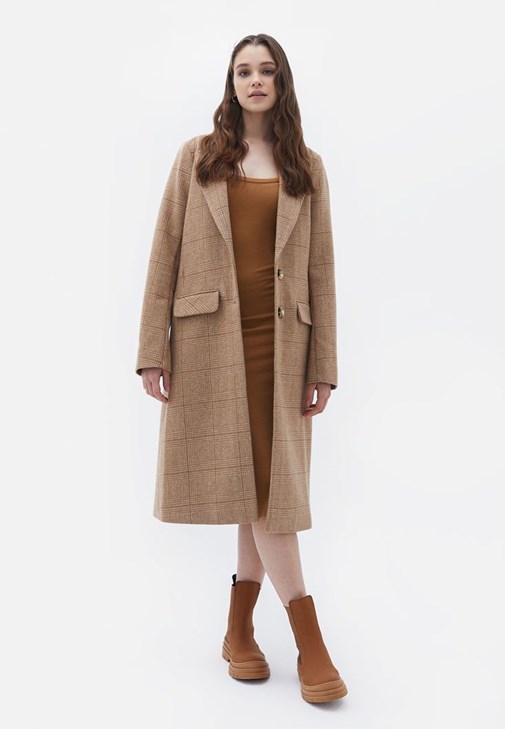 Koyu Bej Kare Yaka Midi Elbise