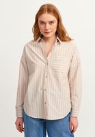Bayan Bej Çizgili Oversize Poplin Gömlek