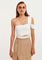 Bayan Krem Asimetrik Crop Top