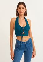 Bayan Mavi Cut-Out Detaylı V Yaka Crop Top