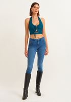Bayan Mavi Cut-Out Detaylı V Yaka Crop Top
