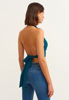 Bayan Mavi Cut-Out Detaylı V Yaka Crop Top