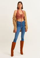 Bayan Turuncu Cut-Out Detaylı V Yaka Crop Top