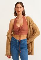 Bayan Turuncu Cut-Out Detaylı V Yaka Crop Top