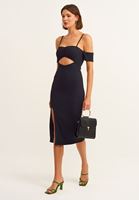 Bayan Siyah Cut-Out Detaylı Yırtmaçlı Midi Elbise