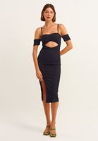 Bayan Siyah Cut-Out Detaylı Yırtmaçlı Midi Elbise