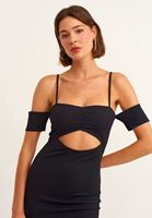 Bayan Siyah Cut-Out Detaylı Yırtmaçlı Midi Elbise