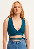 Bayan Mavi Belden Bağlamalı V Yaka Crop Top