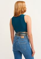 Bayan Mavi Belden Bağlamalı V Yaka Crop Top