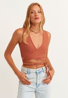 Bayan Turuncu Belden Bağlamalı V Yaka Crop Top