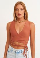 Bayan Turuncu Belden Bağlamalı V Yaka Crop Top