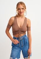 Bayan Kahverengi Büzgü Detaylı V Yaka Crop Top