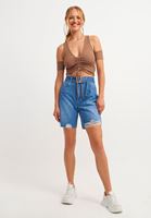 Bayan Kahverengi Büzgü Detaylı V Yaka Crop Top