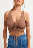 Bayan Kahverengi Büzgü Detaylı V Yaka Crop Top