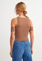Bayan Kahverengi Büzgü Detaylı V Yaka Crop Top