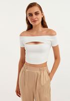 Bayan Krem Düşük Omuz Crop Bluz