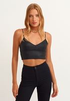 Bayan Siyah V Yaka Askılı Crop Top