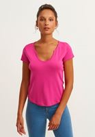 Bayan Pembe Pamuklu Yaka Detaylı Tişört