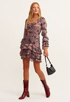 Bayan Çok Renkli Fırfır Detaylı Uzun Kollu Desenli Elbise