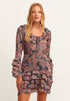 Bayan Çok Renkli Fırfır Detaylı Uzun Kollu Desenli Elbise