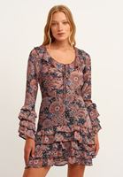 Bayan Çok Renkli Fırfır Detaylı Uzun Kollu Desenli Elbise