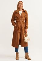 Bayan Kahverengi Kemerli Vegan Süet Trençkot