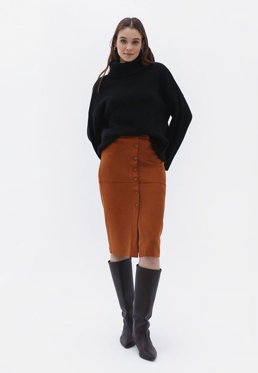  Düğmeli Süet Midi Etek