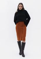 Bayan Kahverengi Düğmeli Süet Midi Etek