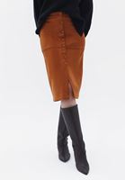 Bayan Kahverengi Düğmeli Süet Midi Etek