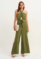 Bayan Yeşil Halter Yaka Kuşak Detaylı Tulum ( TENCEL™ )