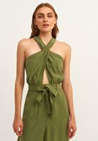Bayan Yeşil Halter Yaka Kuşak Detaylı Tulum ( TENCEL™ )