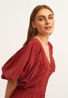 Bayan Bordo Balon Kollu ve Fırfır Detaylı Mini Elbise ( MODAL )