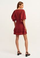 Bayan Bordo Balon Kollu ve Fırfır Detaylı Mini Elbise ( MODAL )