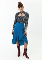 Bayan Mavi Volan Detaylı Midi Etek