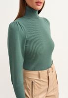 Bayan Yeşil Romantik Balon Kollu Kazak