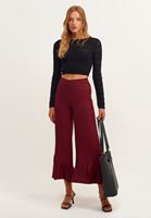 Bayan Bordo Fırfır Detaylı Bol Pantolon