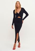 Bayan Siyah Yırtmaçlı Midi Boy Triko Etek