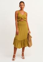 Bayan Yeşil Gipeli ve Fırfırlı Midi Boy Etek