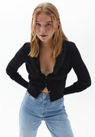 Bayan Siyah Kürk Yakalı Crop Triko Hırka