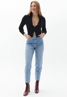 Bayan Siyah Kürk Yakalı Crop Triko Hırka