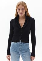 Bayan Siyah Kürk Yakalı Crop Triko Hırka