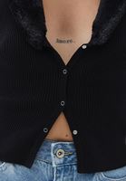 Bayan Siyah Kürk Yakalı Crop Triko Hırka