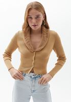 Bayan Bej Kürk Yakalı Crop Triko Hırka