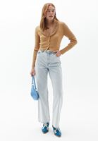 Bayan Bej Kürk Yakalı Crop Triko Hırka